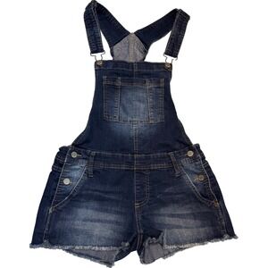 Mudd Denim Shortalls Womans Medium Dark Wash Frayed Hem Bib Overalls Casual